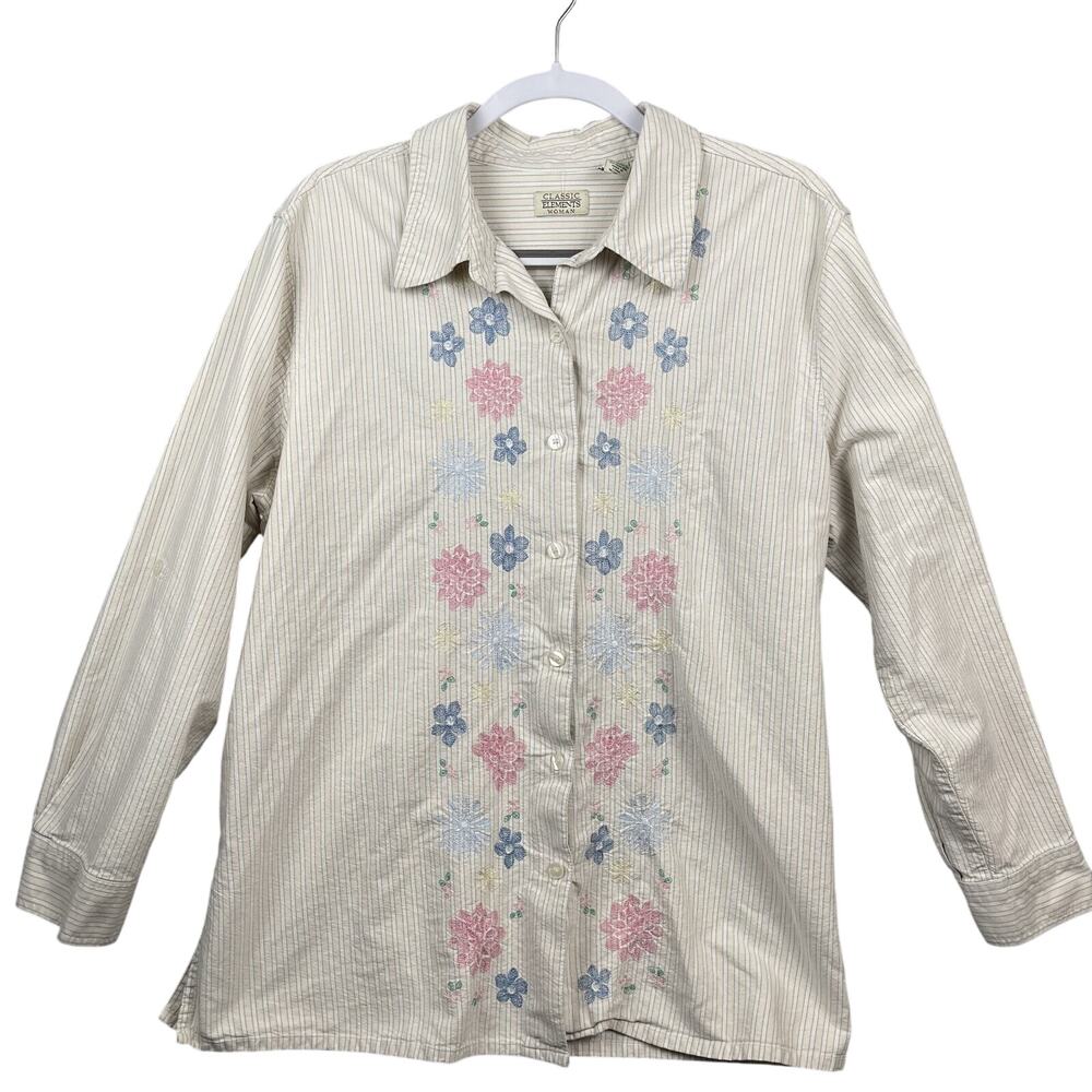 Classic Elements Women's 16-18W Floral Embroidered Striped Button Up Cottagecore